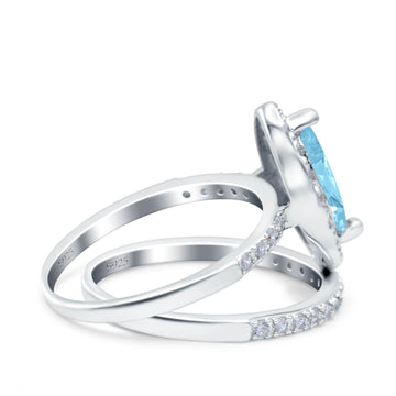 Two Piece Halo Marquise Art Deco Wedding Bridal Ring Simulated Aquamarine CZ 925 Sterling Silver